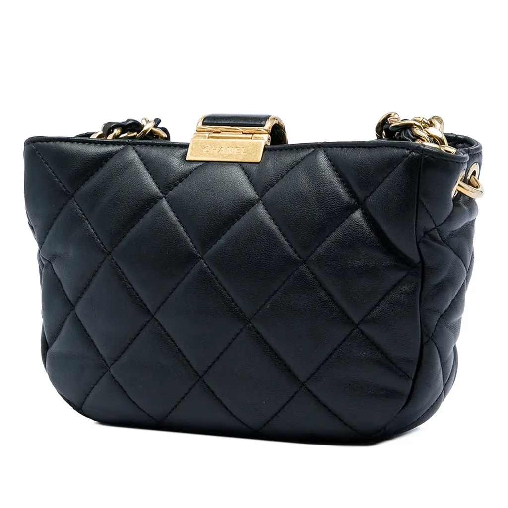 Chanel CC Quilted Lambskin Chain Hobo Bag Black Leather Very good - Back View