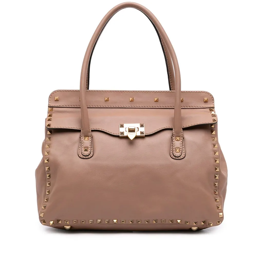 Valentino Leather Rockstud Double Handle Flap Tote Brown Leather Good - Front View