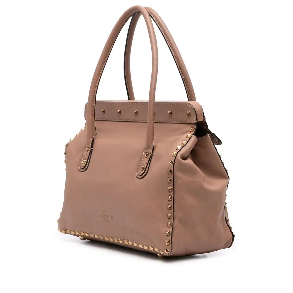Valentino Leather Rockstud Double Handle Flap Tote Brown Leather Good - Back View