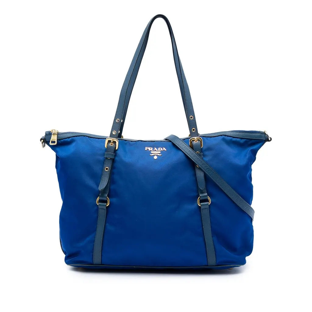 Prada Saffiano Trimmed Tessuto Zip Top Convertible Tote Blue Very good - Front View