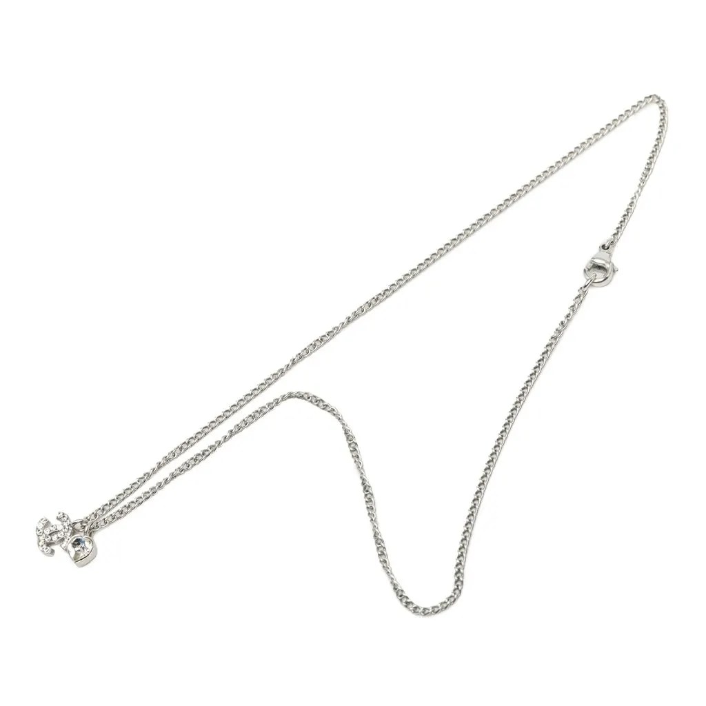 Chanel CC Brass Strass Mini Heart Pendant Necklace Silver Metal Very good - Front View