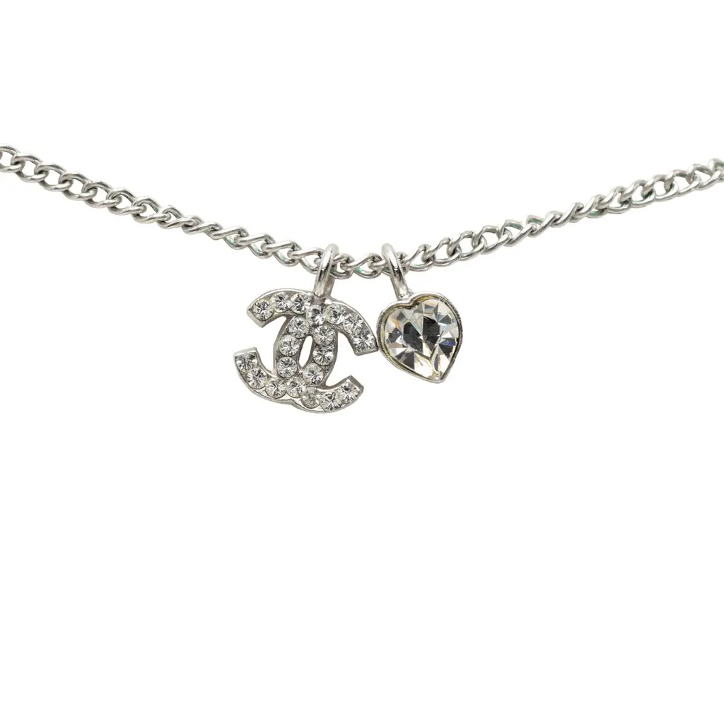 Chanel CC Brass Strass Mini Heart Pendant Necklace Silver Metal Very good - Back View