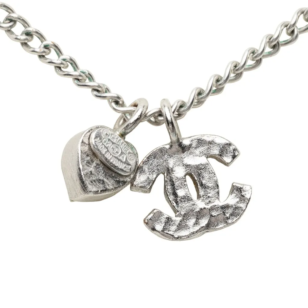 Chanel CC Brass Strass Mini Heart Pendant Necklace Silver Metal Very good - Inside View