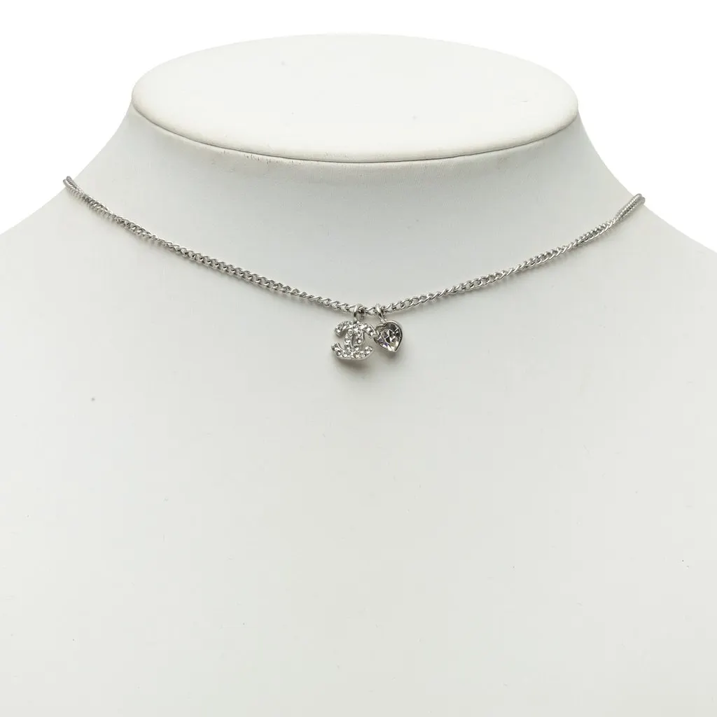 Chanel CC Brass Strass Mini Heart Pendant Necklace Silver Metal Very good - Box View