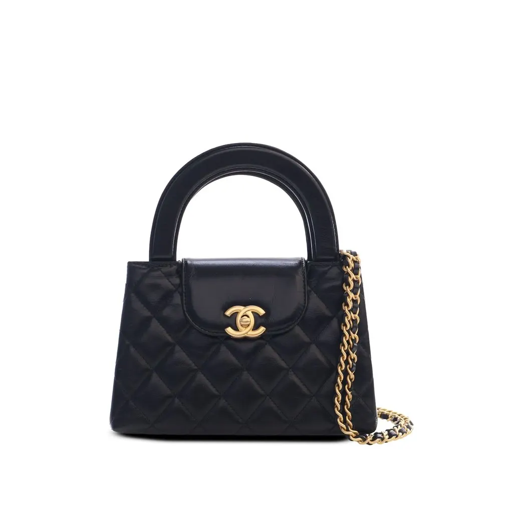 Chanel Nano Aged Calfskin Kelly Shopper Bag Black Leather Very good - Front View