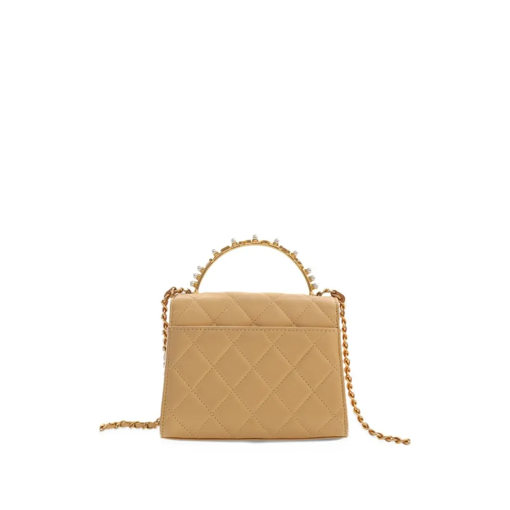 Chanel CC Quilted Lambskin Faux Pearl Top Handle Flap Beige Leather Very good - Back View