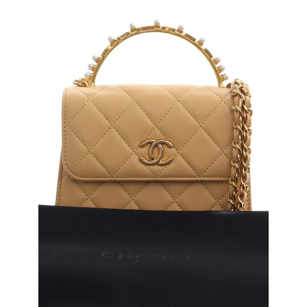 Chanel CC Quilted Lambskin Faux Pearl Top Handle Flap Beige Leather Very good - Box View
