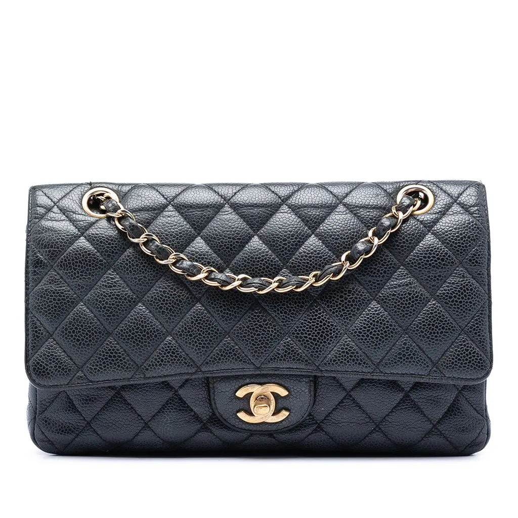 Chanel Medium Classic Caviar Double Flap Black Leather Very good - Front View