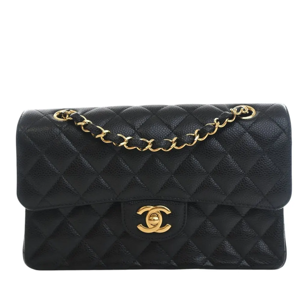 Chanel Small Classic Caviar Double Flap Black Leather Very good - Front View
