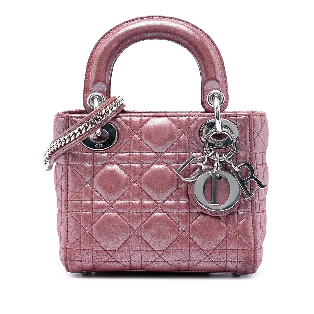 Dior Mini Iridescent Lambskin Cannage Lady Dior Pink Leather Very good - Front View