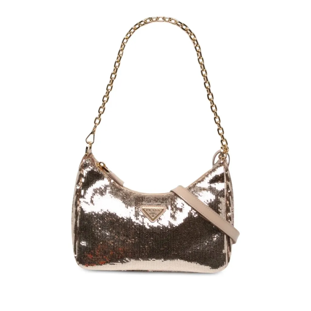 Prada Sequin Embellished Re Nylon Re Edition 2005 Satchel Gold Polyamide Never worn - Front View