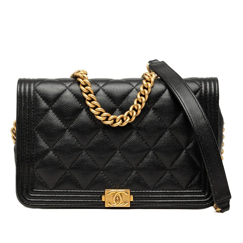 Chanel Quilted Caviar Boy Wallet on Chain Black Leather Very good - Front View