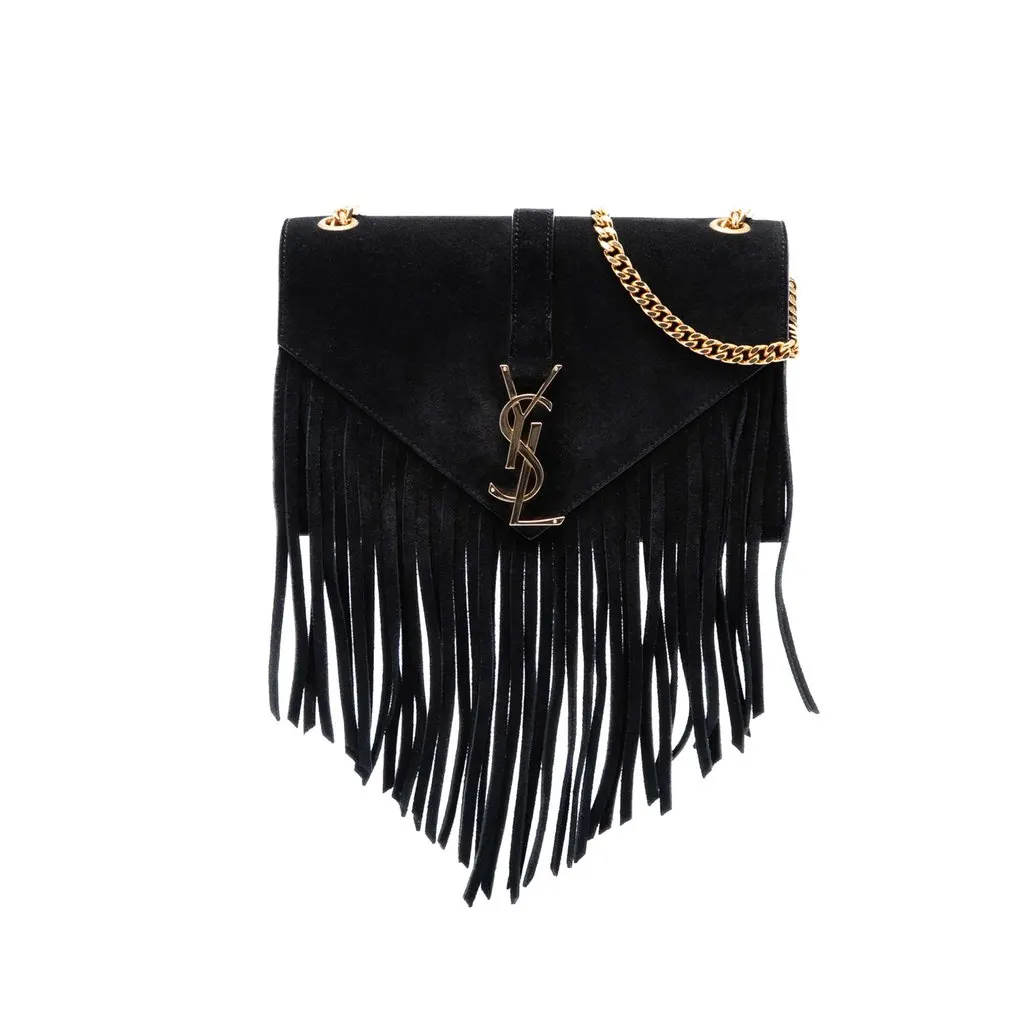 Saint Laurent Small Suede Monogram Envelope Fringe Crossbody Black Leather Very good - Front View