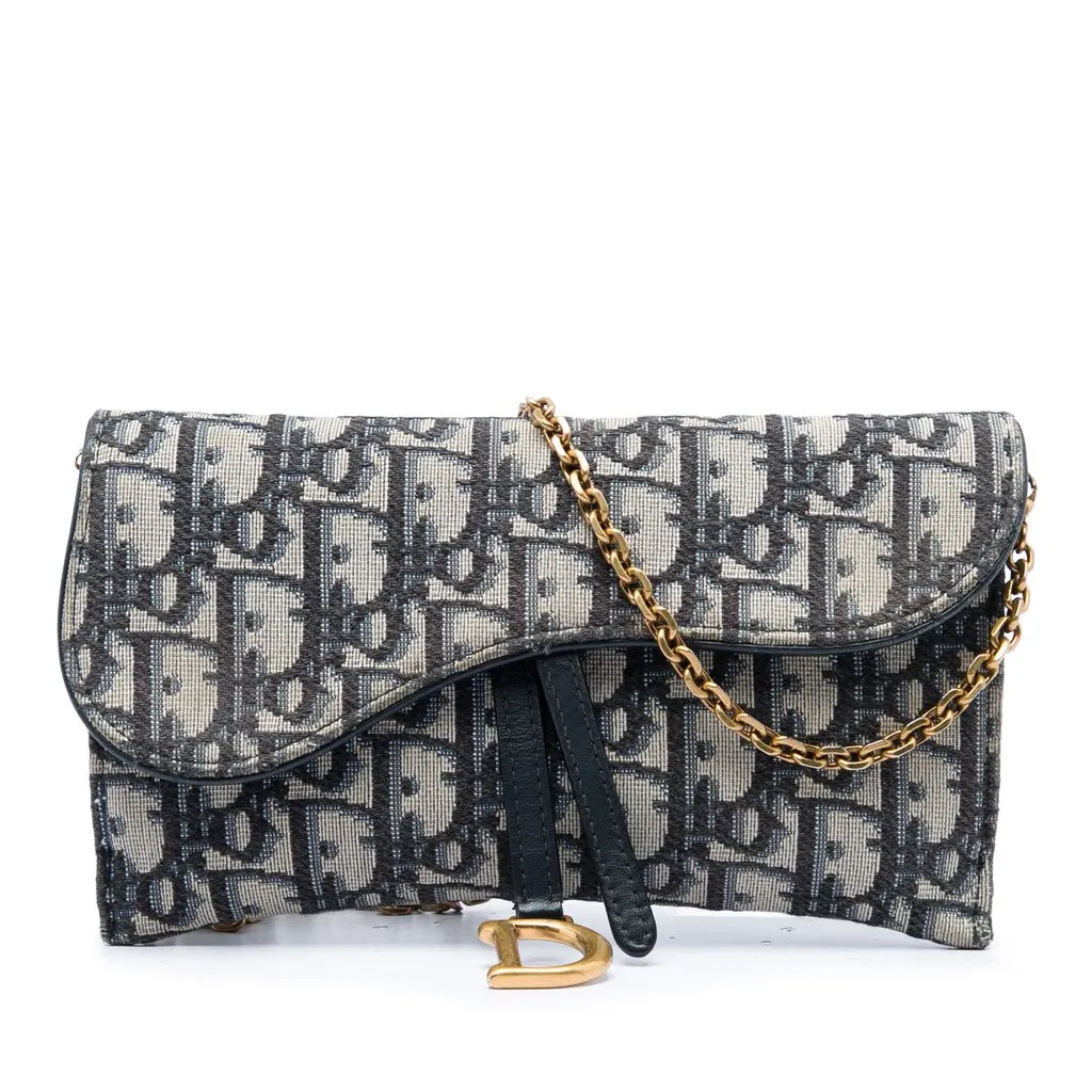 Dior Oblique Canvas Saddle Wallet On Chain Blue Canvas Very good - Front View