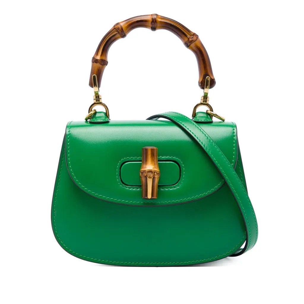 Gucci Mini Calfskin Web 1947 Bamboo Top Handle Bag Green Leather Very good - Front View