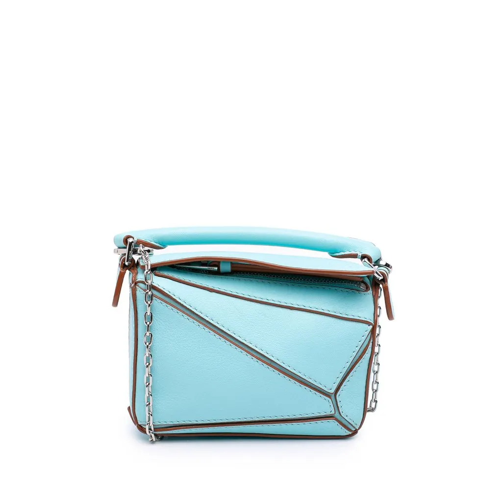 LOEWE Nano Calfskin Puzzle Satchel Blue Leather Very good - Front View
