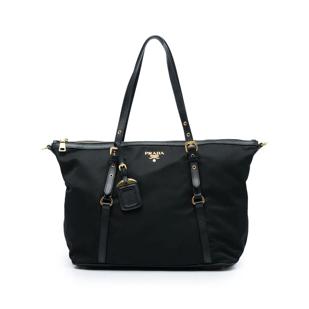 Prada Saffiano Trimmed Tessuto Zip Top Convertible Tote Black Very good - Front View