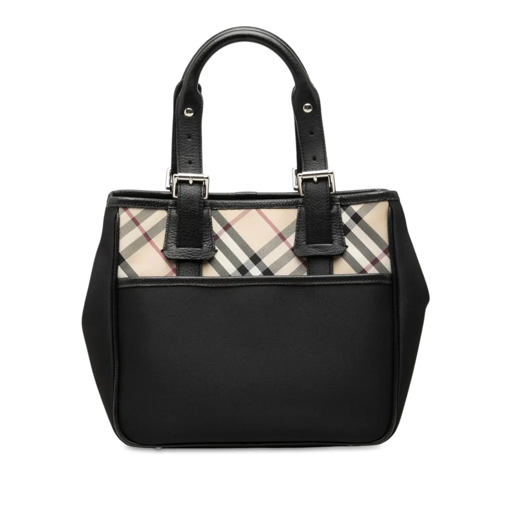 Burberry Nova Check Trimmed Nylon Handbag Black Polyamide Good - Front View