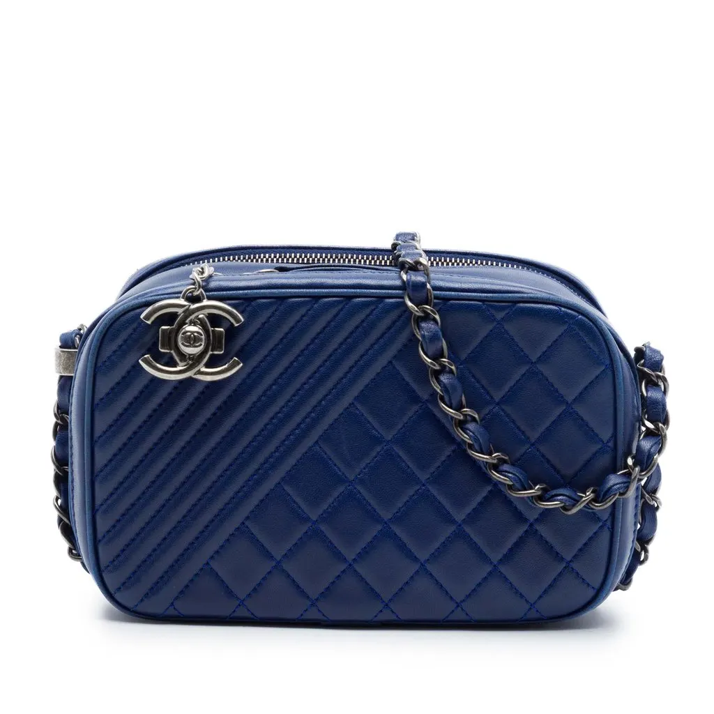 Chanel Small Quilted Lambskin Coco Boy Camera Bag Blue Leather Very good - Front View