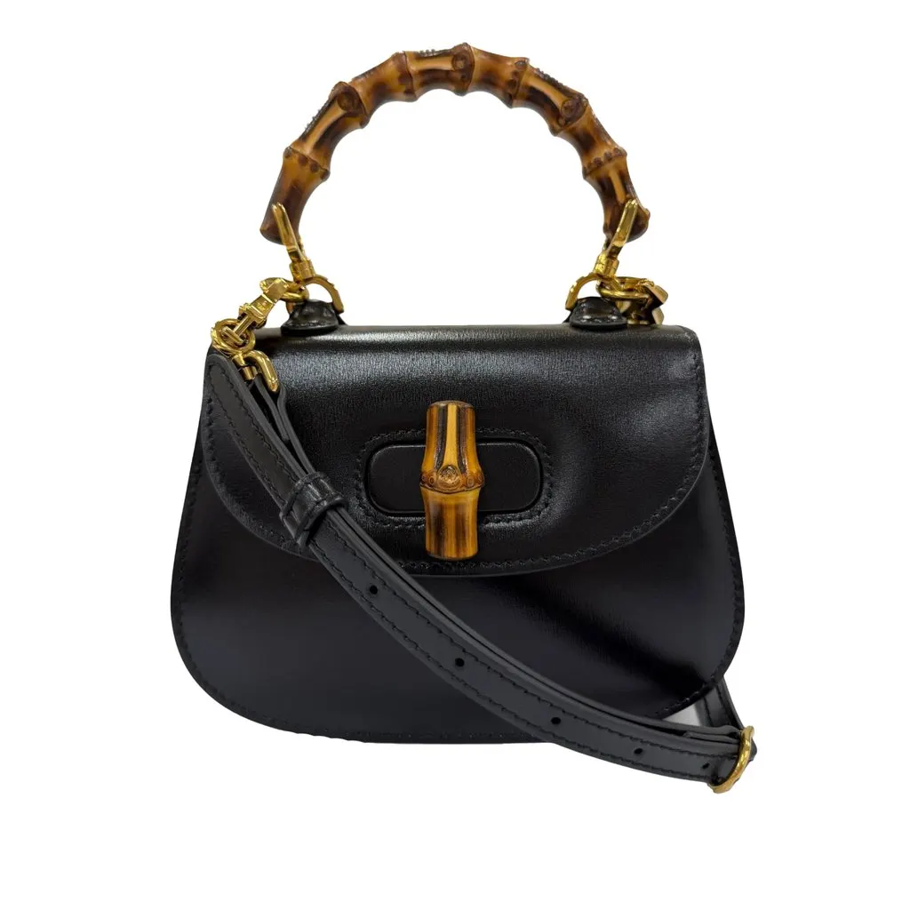 Gucci Small Calfskin 1947 Bamboo Top Handle Bag Black Leather Very good - Front View