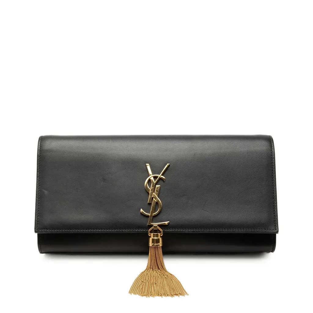 Saint Laurent Smooth Calfskin Cassandre Tassel Clutch Black Leather Very good - Front View