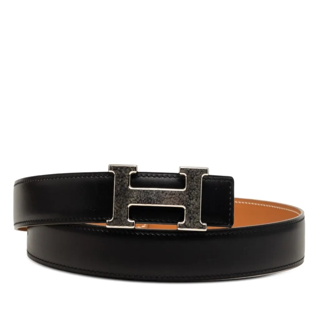 Hermès Box Calf Constance H Martelee Reversible Belt Black Leather Very good - Front View