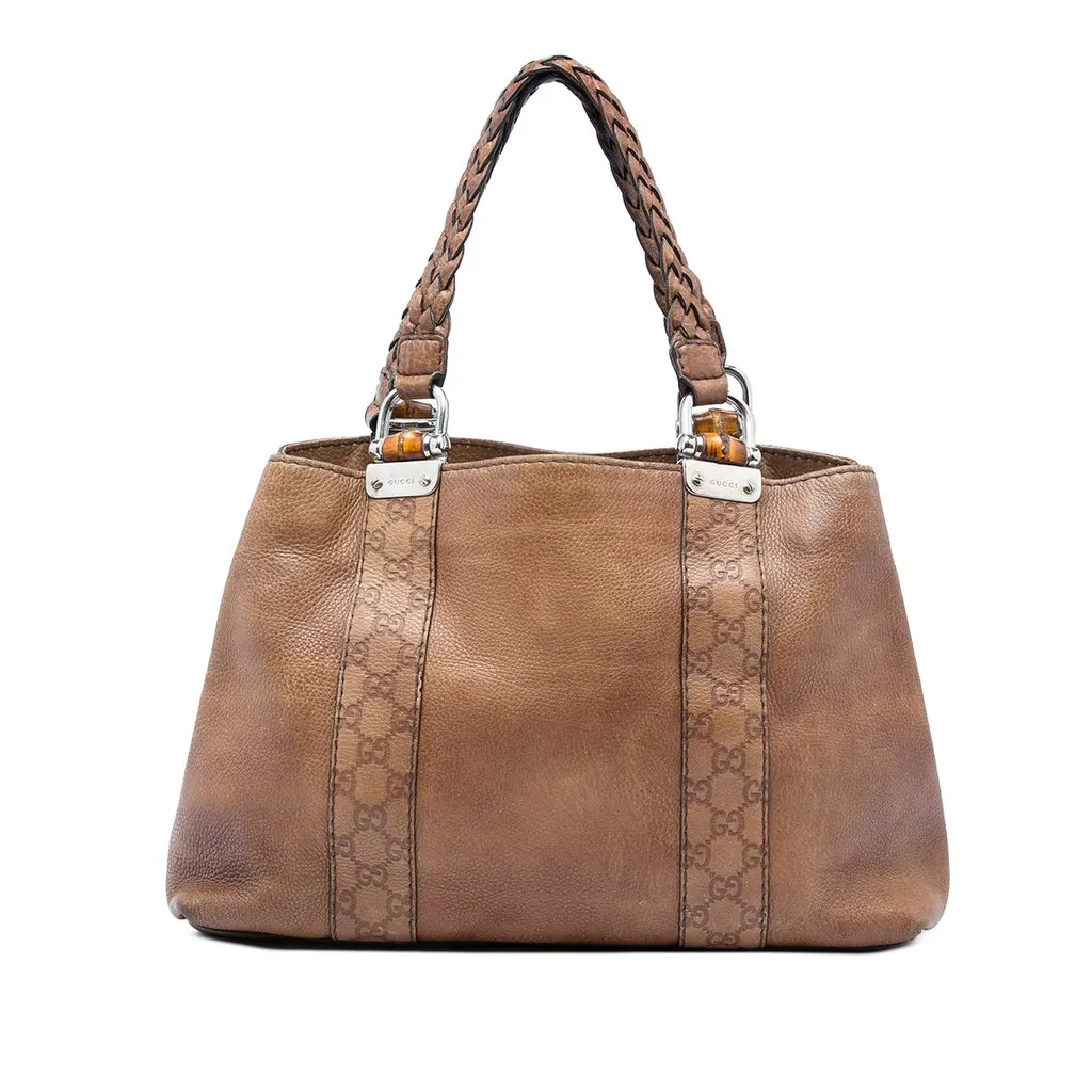 Gucci Medium Guccissima Trimmed Calfskin Bamboo Libeccio Tote Brown Leather Very good - Front View