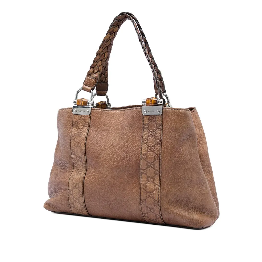 Gucci Medium Guccissima Trimmed Calfskin Bamboo Libeccio Tote Brown Leather Very good - Back View
