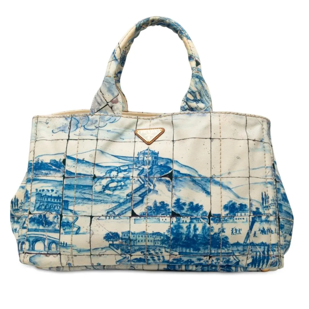 Prada Large Canvas Canapa Azulejos Satchel Blue Very good - Front View