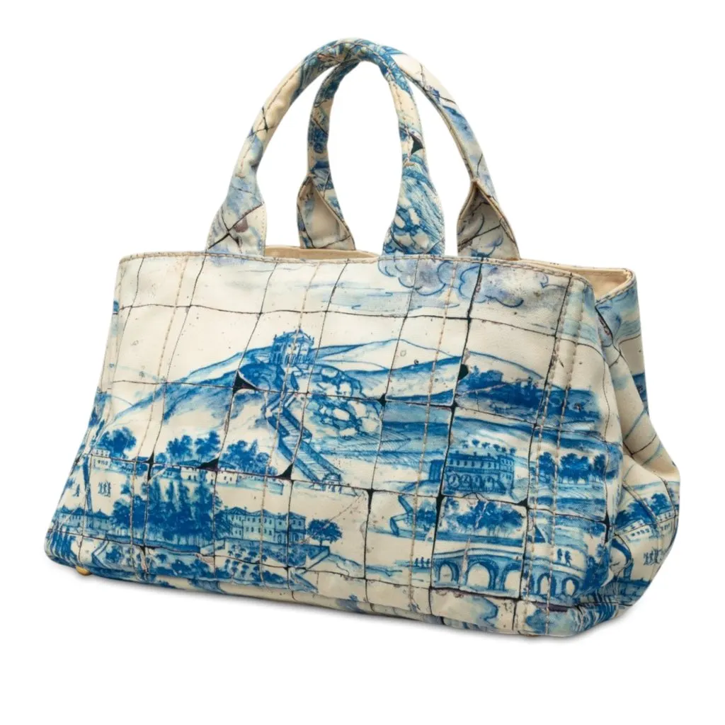 Prada Large Canvas Canapa Azulejos Satchel Blue Very good - Back View