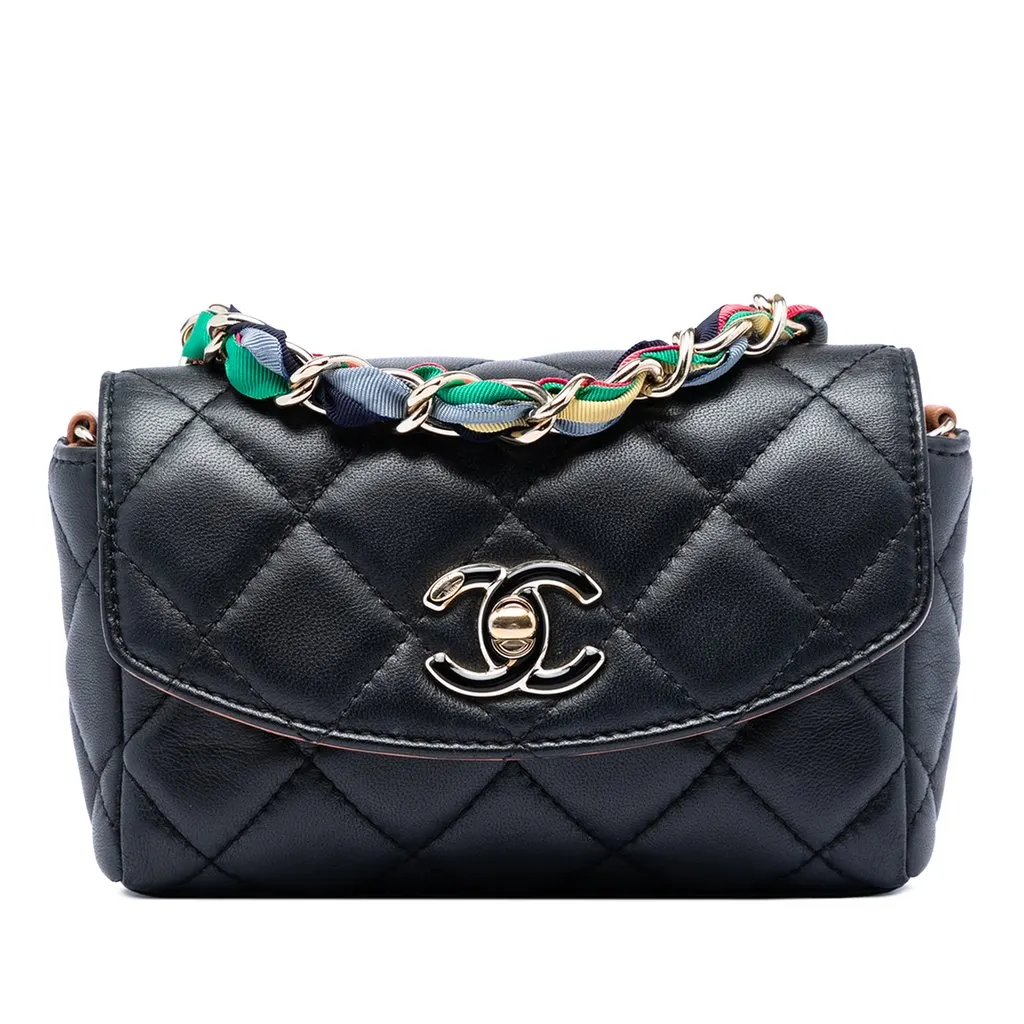 Chanel Mini Quilted Lambskin Cocovado Ribbon Chain Flap Black Leather Very good - Front View