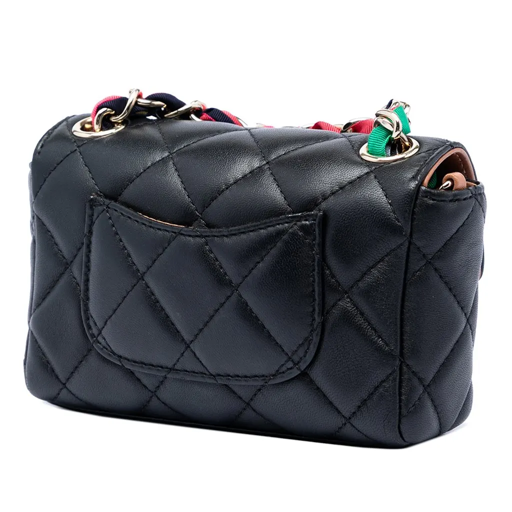 Chanel Mini Quilted Lambskin Cocovado Ribbon Chain Flap Black Leather Very good - Back View