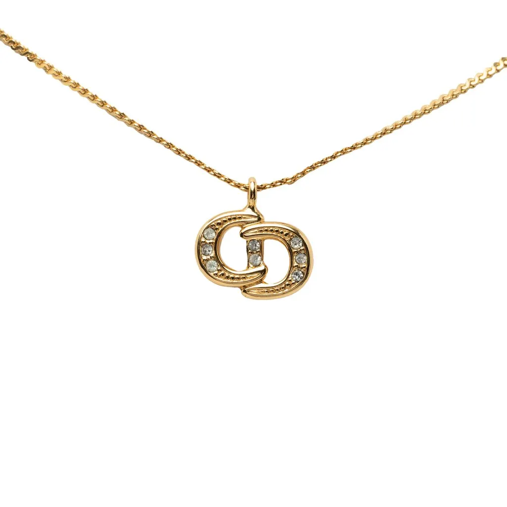 Dior Gold Plated Strass CD Logo Pendant Necklace Gold Metal Very good - Front View