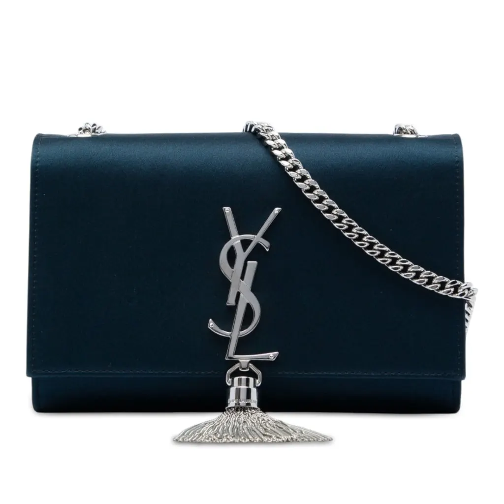 Saint Laurent Small Satin Monogram Kate Tassel Crossbody Blue Very good - Front View
