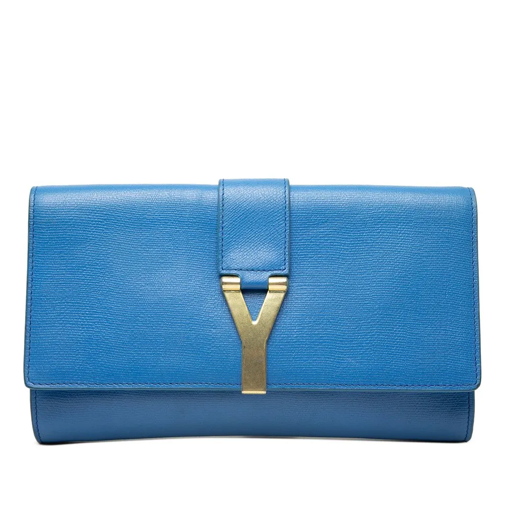 Saint Laurent Textured Leather Chyc Ligne Clutch Blue Leather Very good - Front View