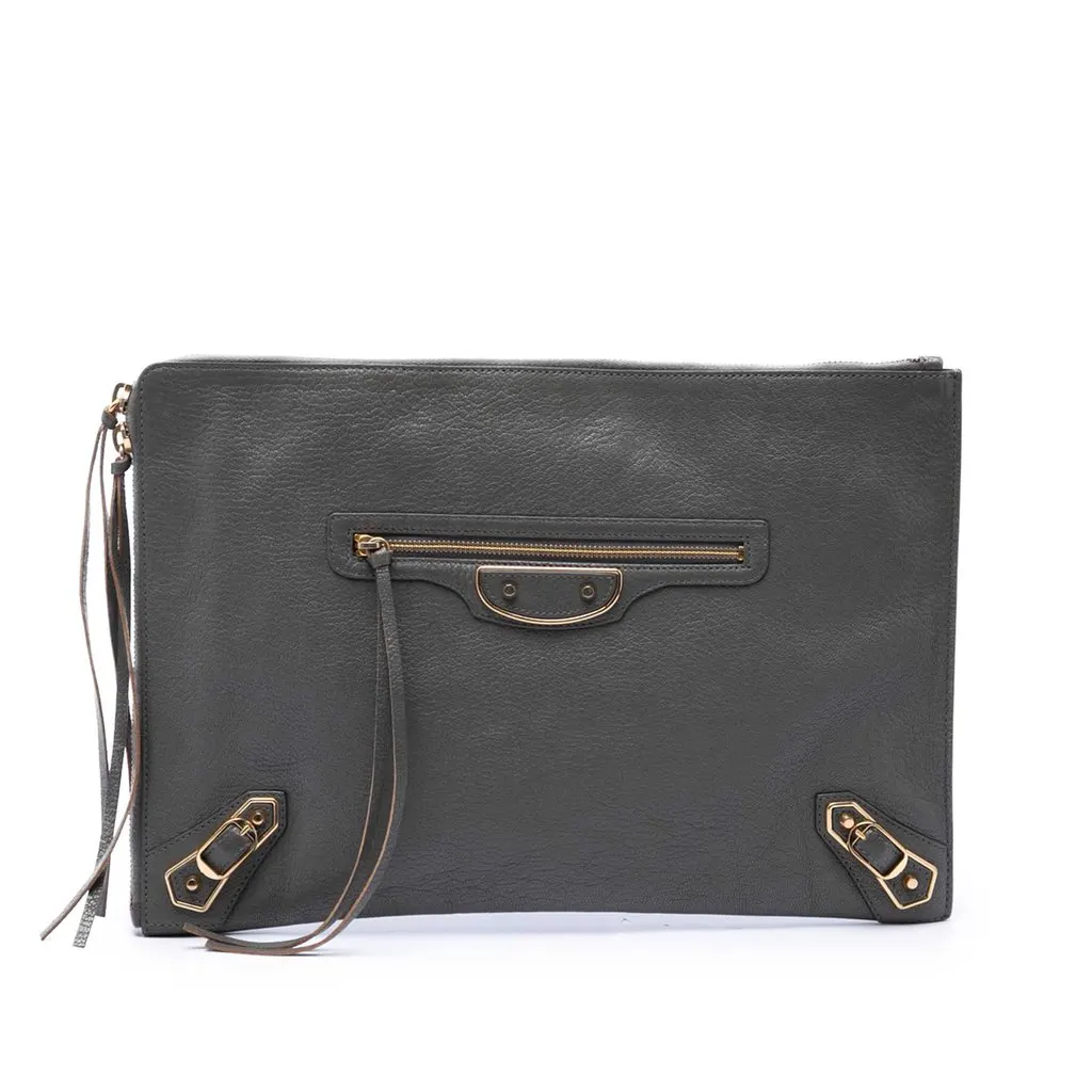 Balenciaga Goatskin Motocross Classic Metallic Edge Clutch Grey Leather Very good - Front View