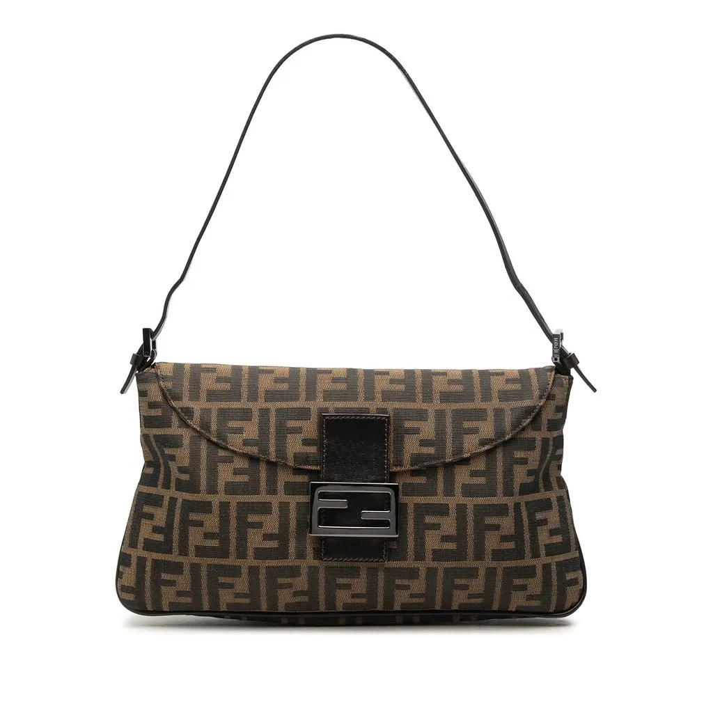 Fendi Zucca Canvas Double Flap Shoulder Bag Brown Canvas Good - Front View