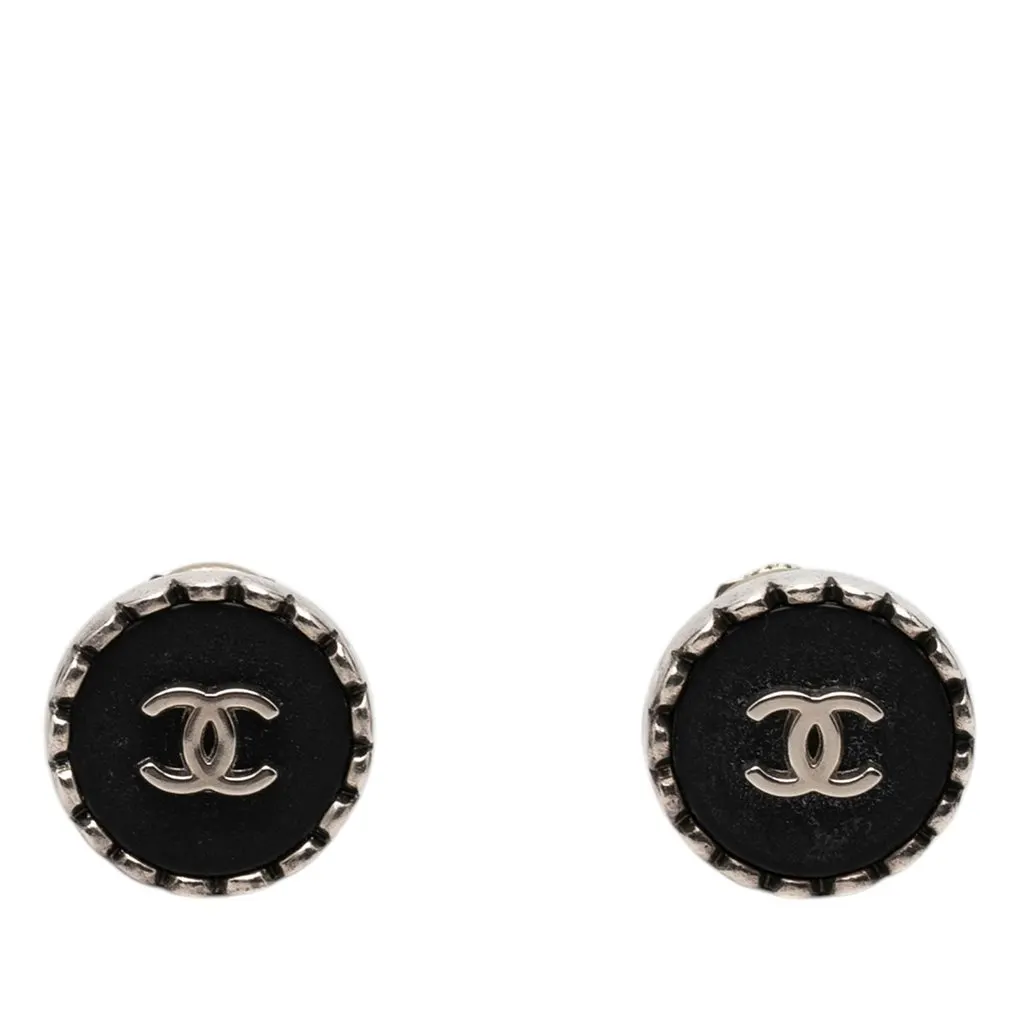 Chanel CC Brass Enamel Button Clip on Earrings Black Metal Very good - Front View