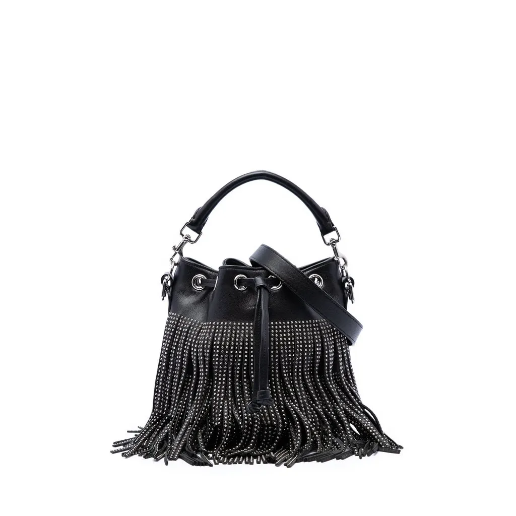 Saint Laurent Small Studded Calfskin Emmanuelle Fringe Bucket Bag Black Leather Very good - Front View
