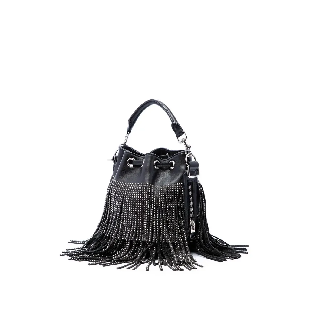 Saint Laurent Small Studded Calfskin Emmanuelle Fringe Bucket Bag Black Leather Very good - Back View
