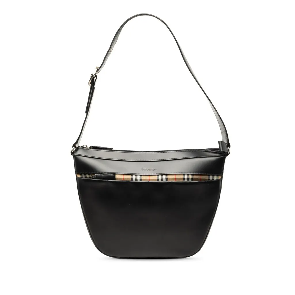 Burberry House Check Trimmed Leather Shoulder Bag Black Medi