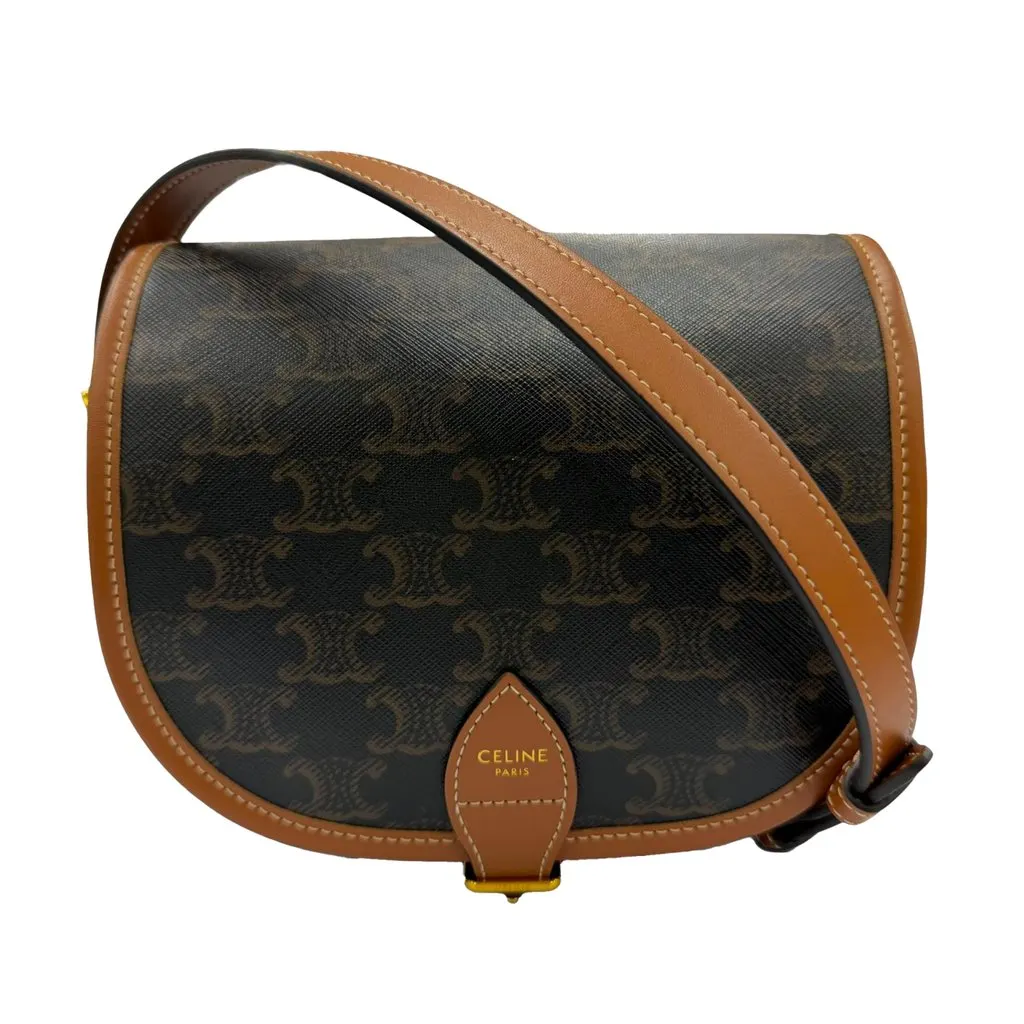 Celine Medium Triomphe Coated Canvas Folco Crossbody Brown Very good - Front View