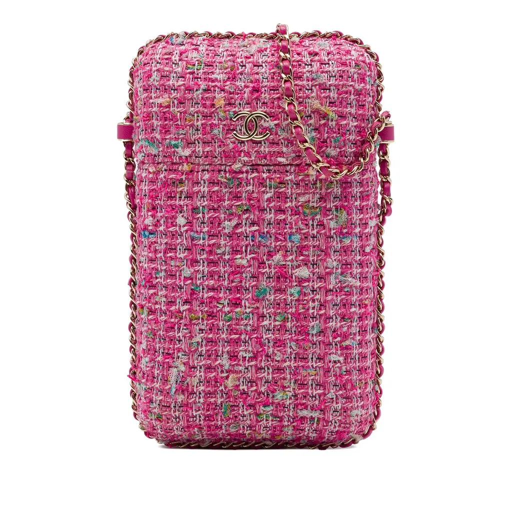 Chanel Tweed Chain Around Phone Holder Pink Tweed Very good - Front View