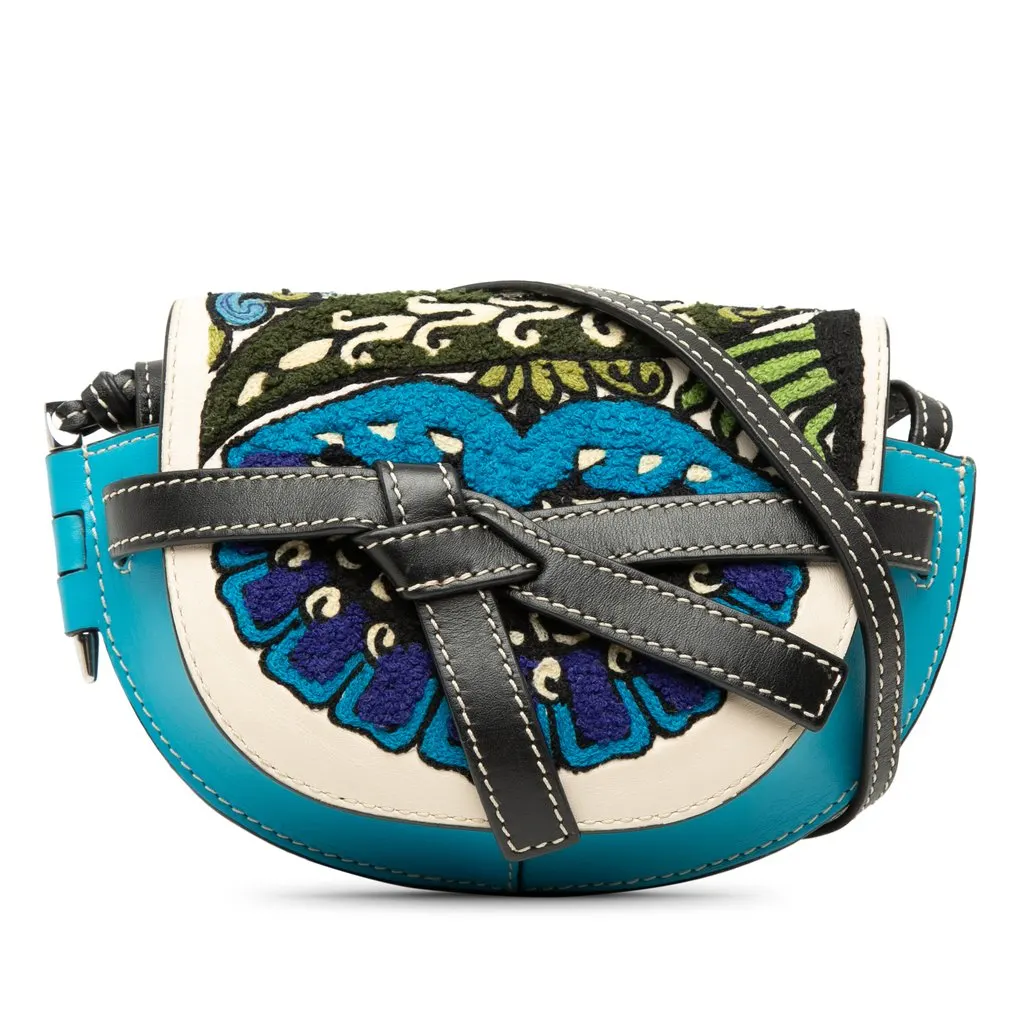 Loewe William De Morgan Mini Embroidered Leather Floral Gate Crossbody Blue Leather Very good - Front View