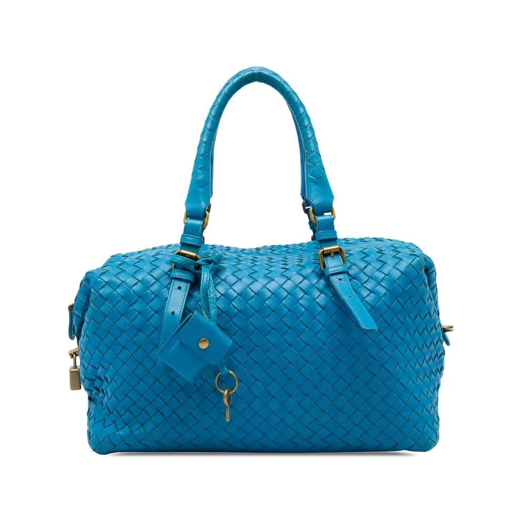 Bottega Veneta Nappa Intrecciato Boston Bag Blue Leather Very good - Front View
