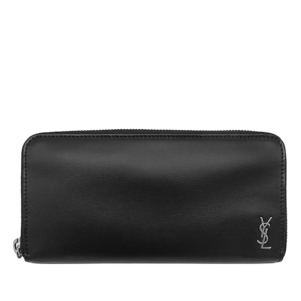 Saint Laurent Leather Tiny Cassandre Zip Around Long Wallet Black Leather Very good - Front View