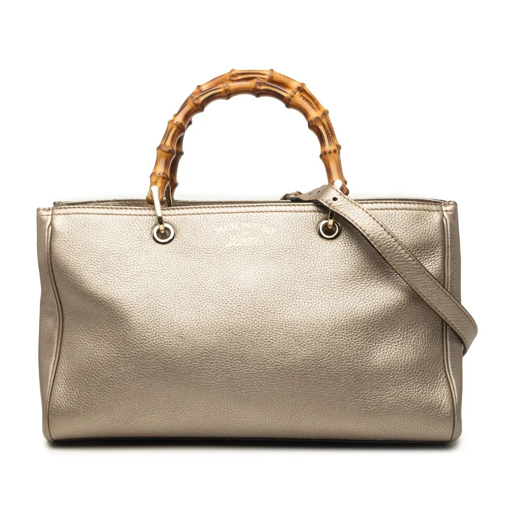Gucci Medium Calfskin Bamboo Shopper Satchel Gold Leather Good - Front View