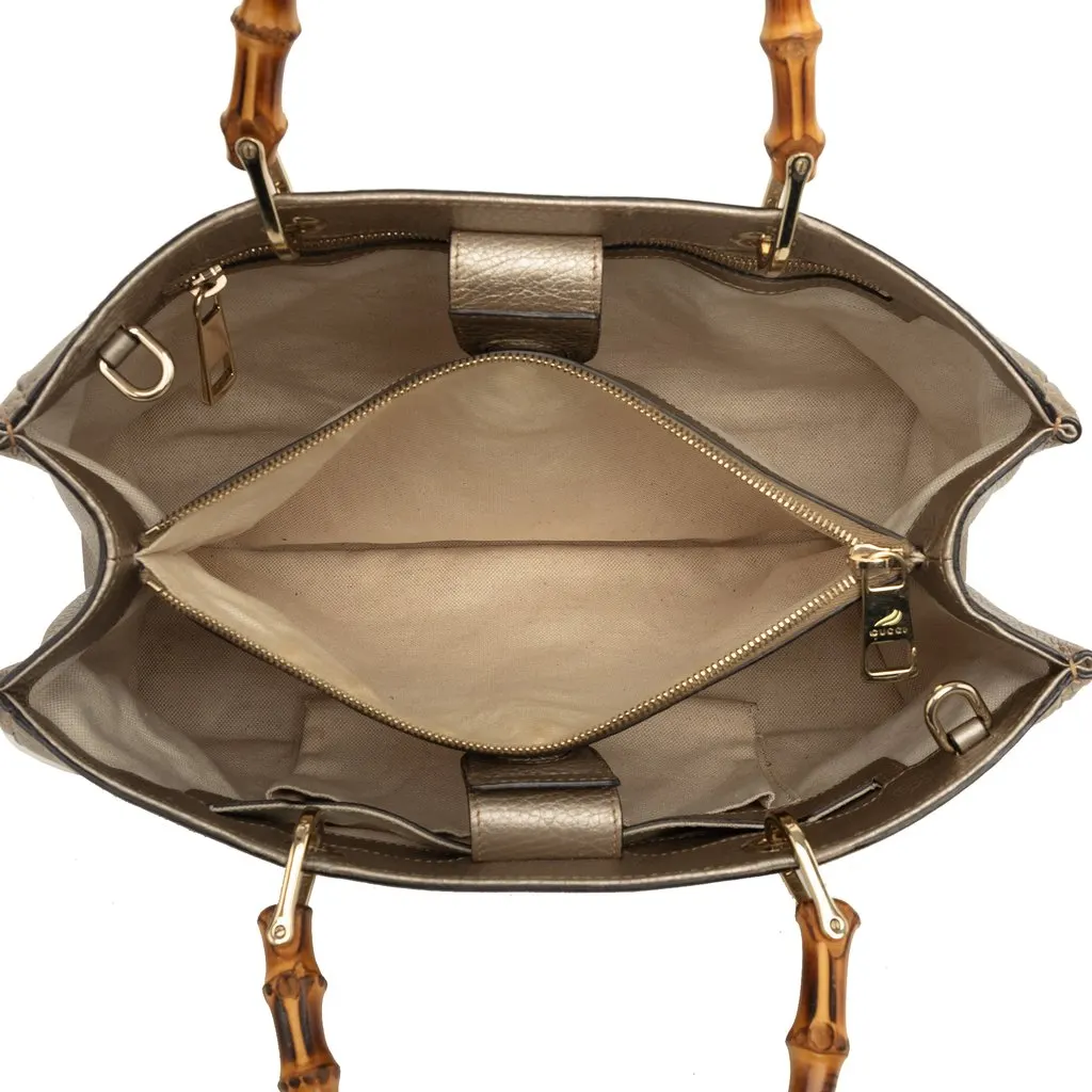 Gucci Medium Calfskin Bamboo Shopper Satchel Gold Leather Good - Model View