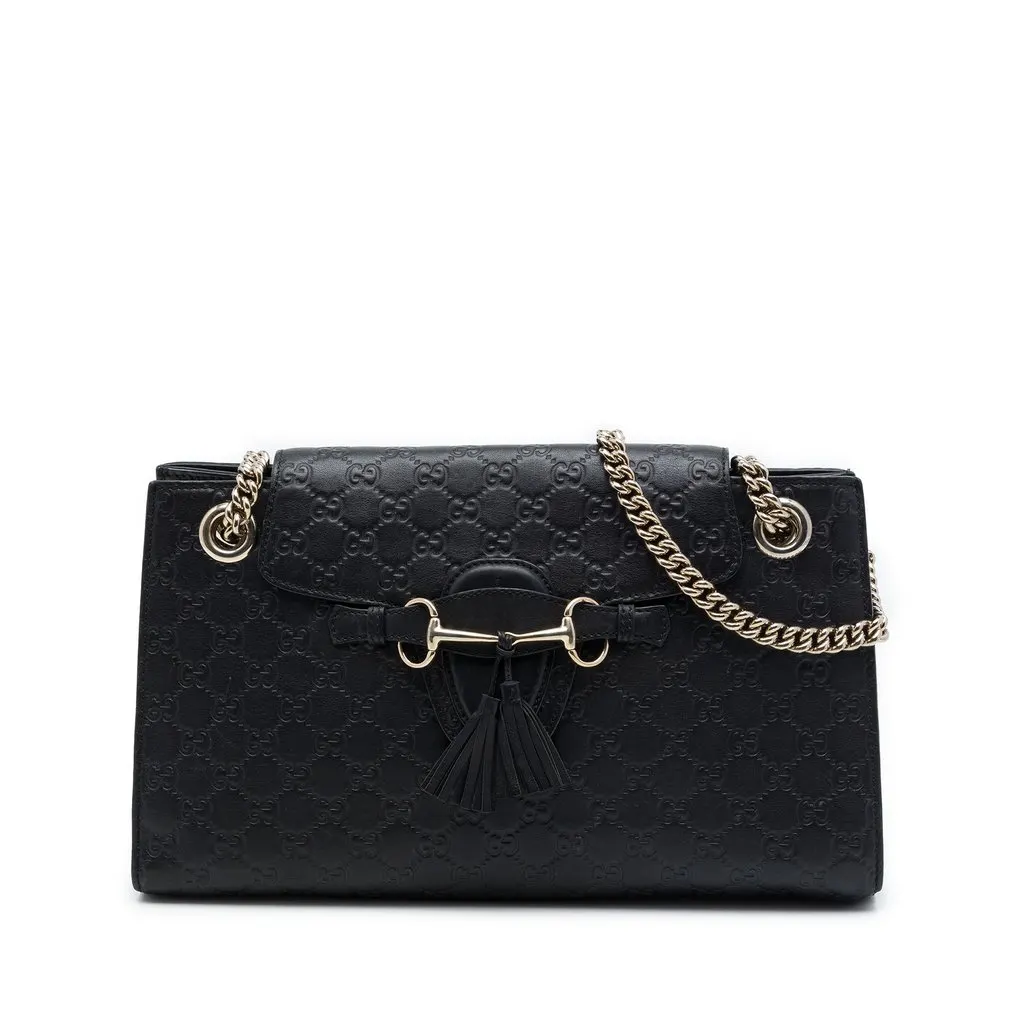 Gucci Large Guccissima Emily Shoulder Bag Black Leather Good - Front View
