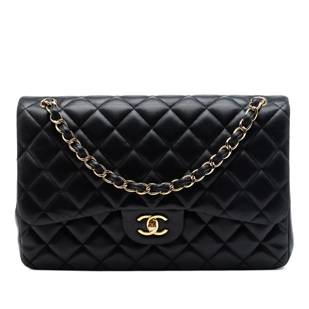 Chanel Jumbo Classic Lambskin Double Flap Black Leather Very good - Front View